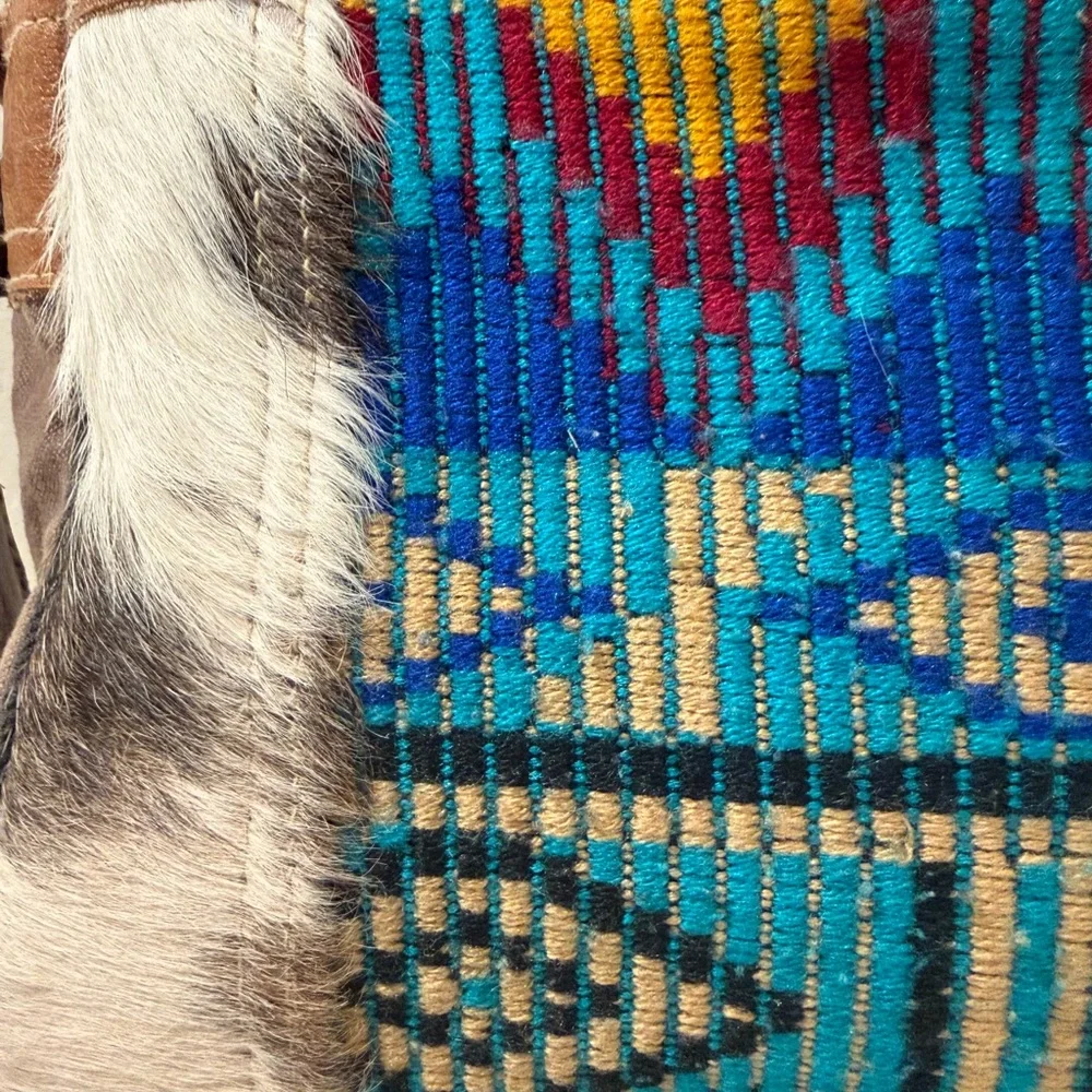 Myra Bag Foxy Messenger S-1968 Cowhide Aztec Turquoise Leather Crossbody Tote - Picture 5 of 9